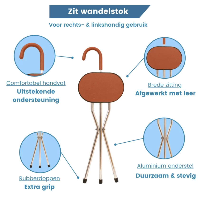 wandelstok met zitje driepoot bruin leer usp