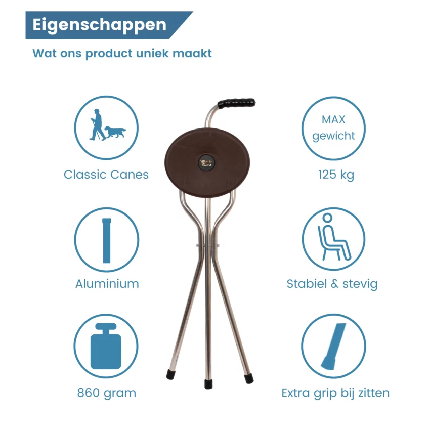 eigenschappen wandelstok met stoeltje driepoot trio maxi bruin