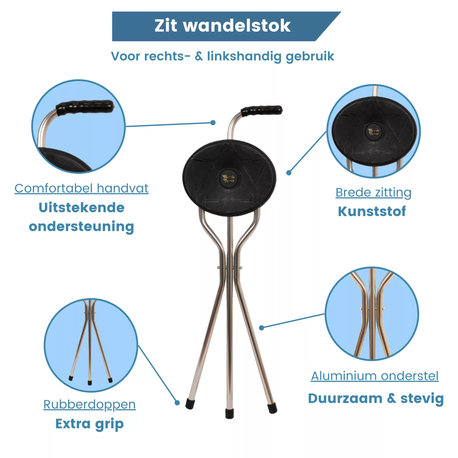 eigenschappen wandelstok met zitje in het zwart
