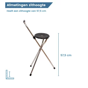 afmetingen zithoogte wandelstok met zitje driepoot zwart