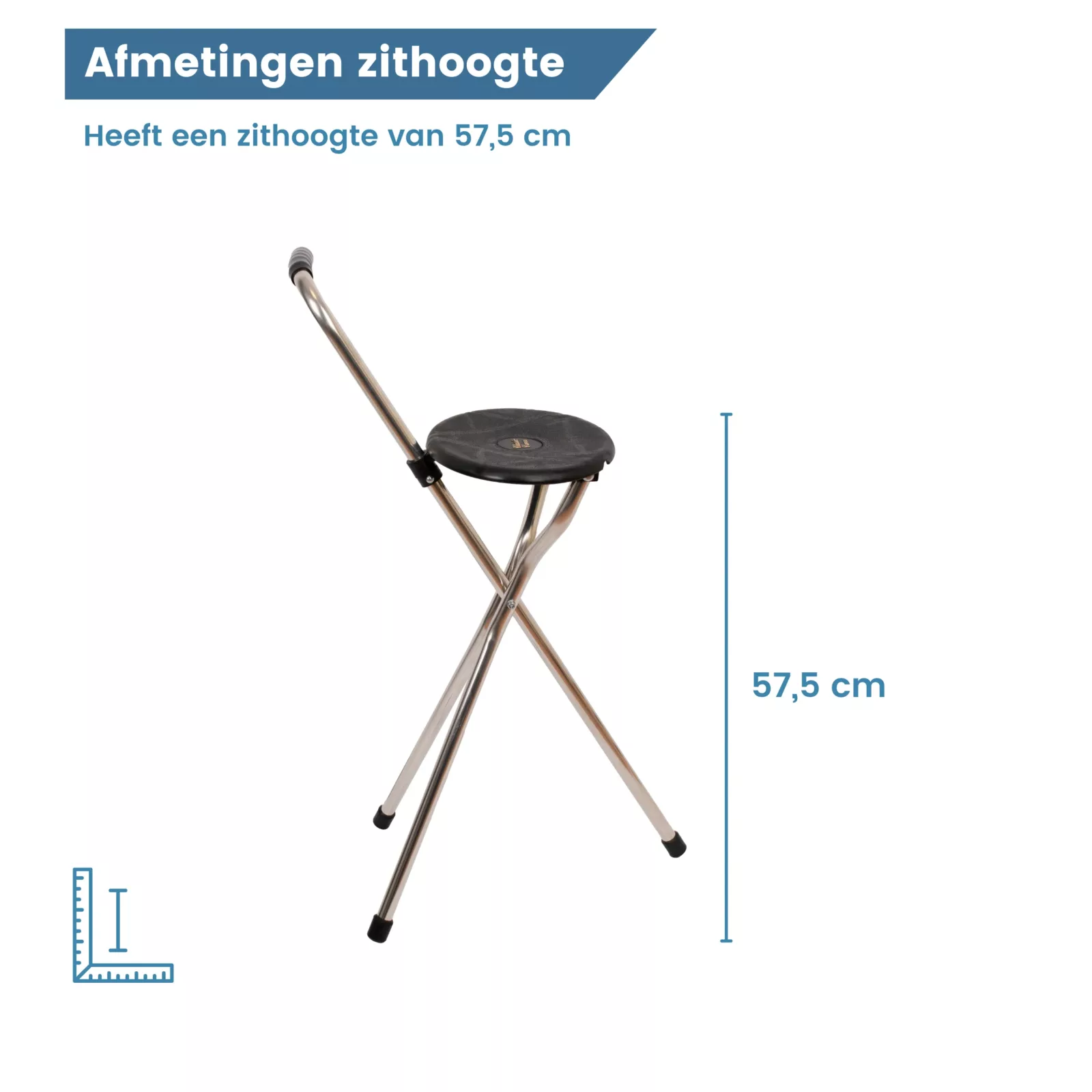 afmetingen zithoogte wandelstok met zitje driepoot zwart