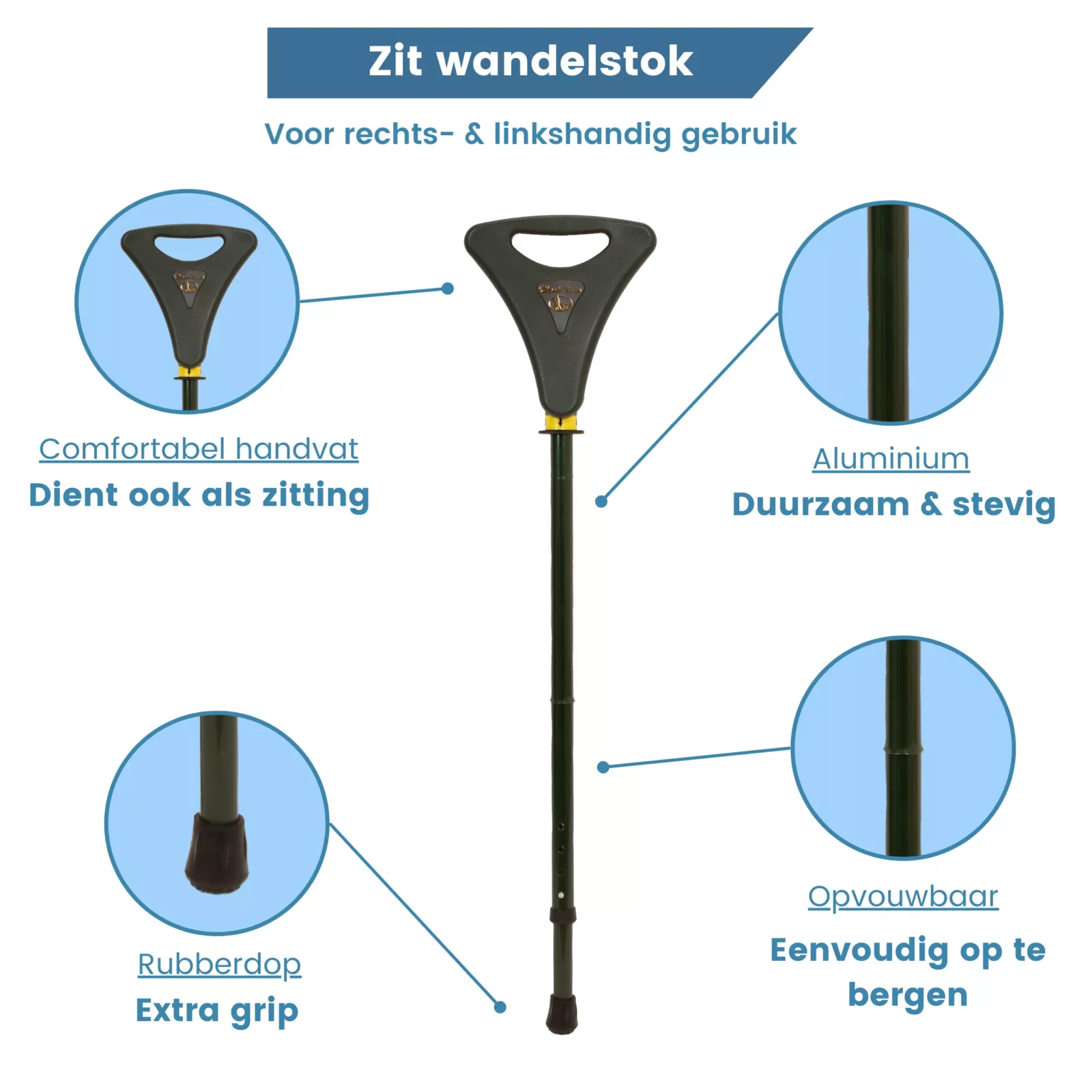 wandelstok met zitje opvouwbaar met tasje groen