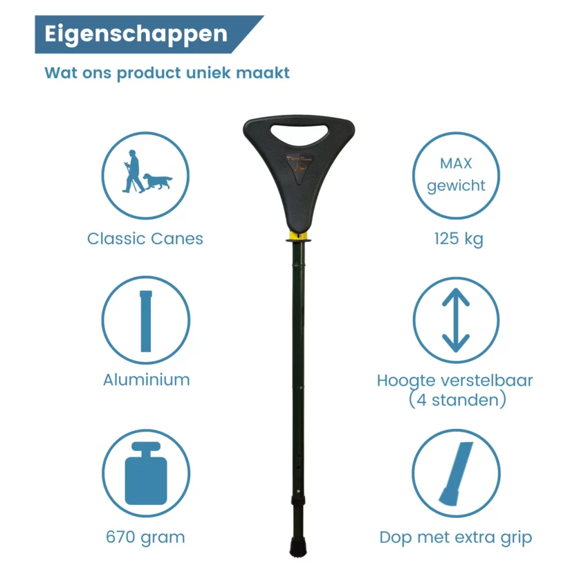 eigenschappen wandelstok met zitje walker groen