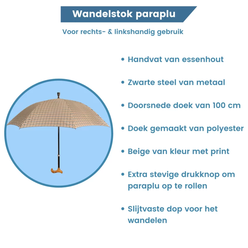 wandelstok paraplu met ruitjes in het beige