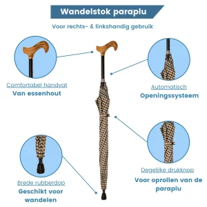 wandelstok paraplu verstelbaar beige met ruit en usp