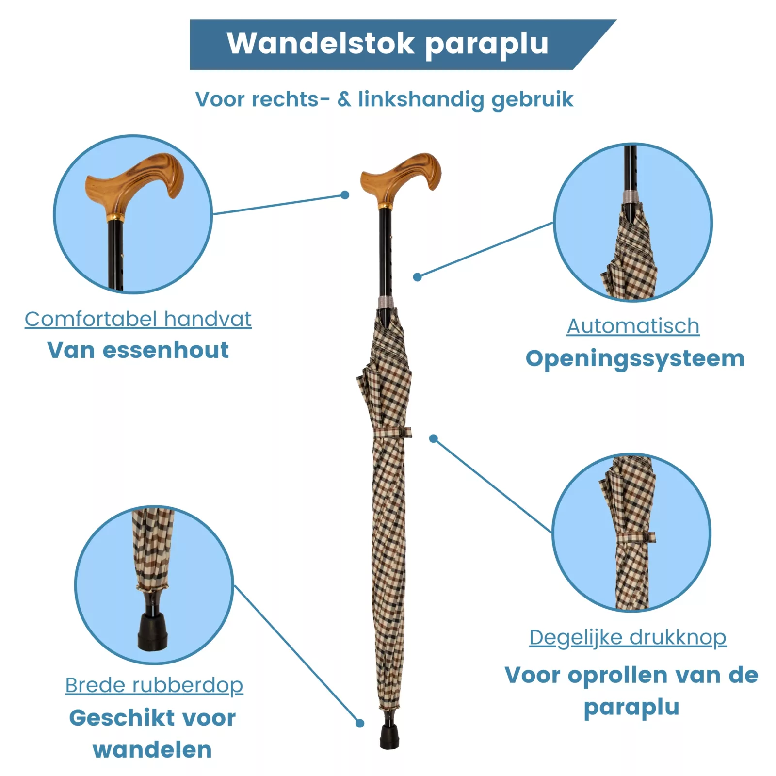 wandelstok paraplu verstelbaar beige met ruit en usp