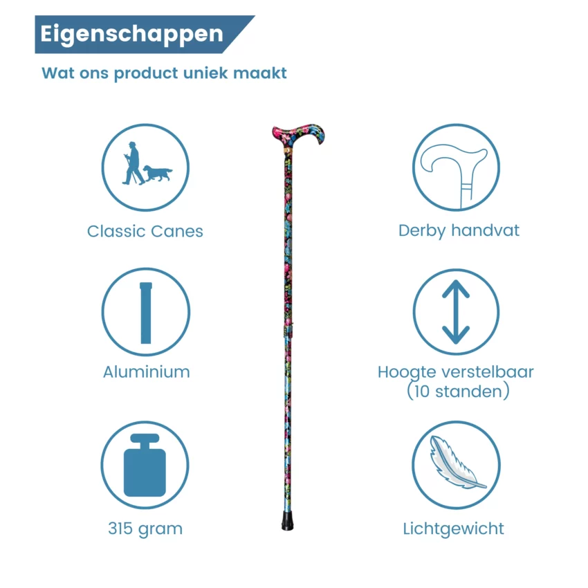 verstelbare aluminium wandelstok zwart met blauw