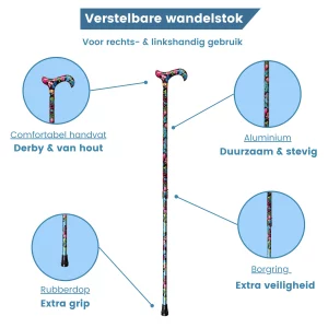 verstelbare aluminium wandelstok zwart met blauw