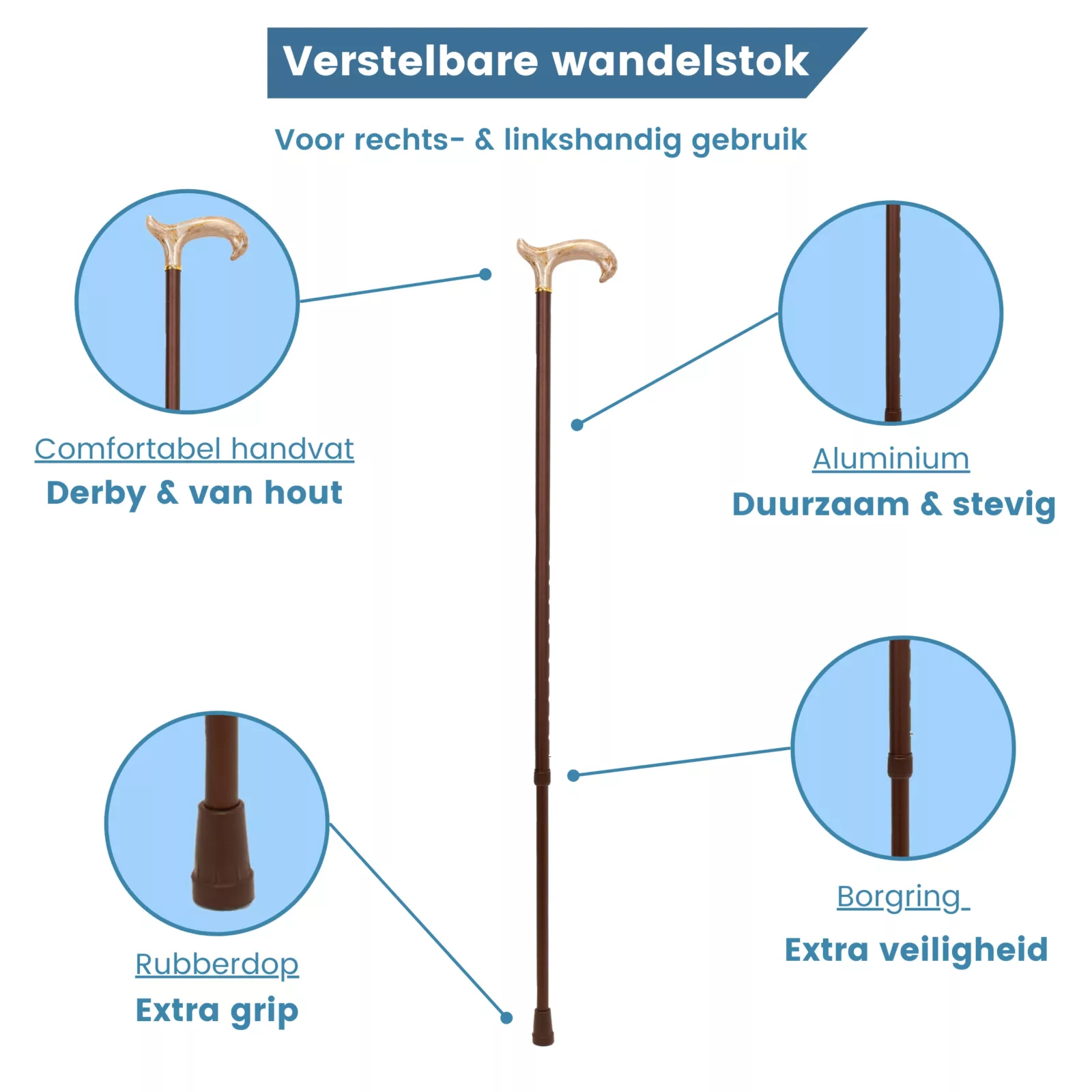 verstelbare wandelstok bruin met derby handvat