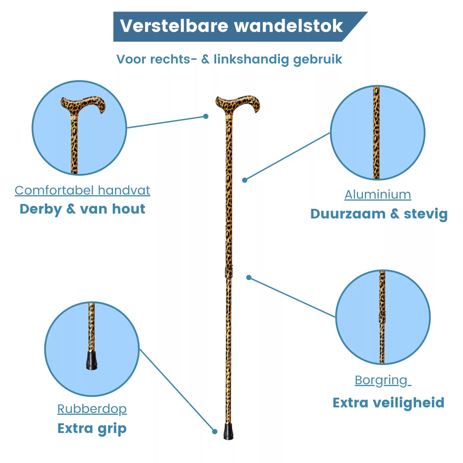 verstelbare wandelstok gouden luipaard