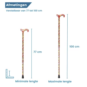 rode verstelbare wandelstok met bloemen afmetingen