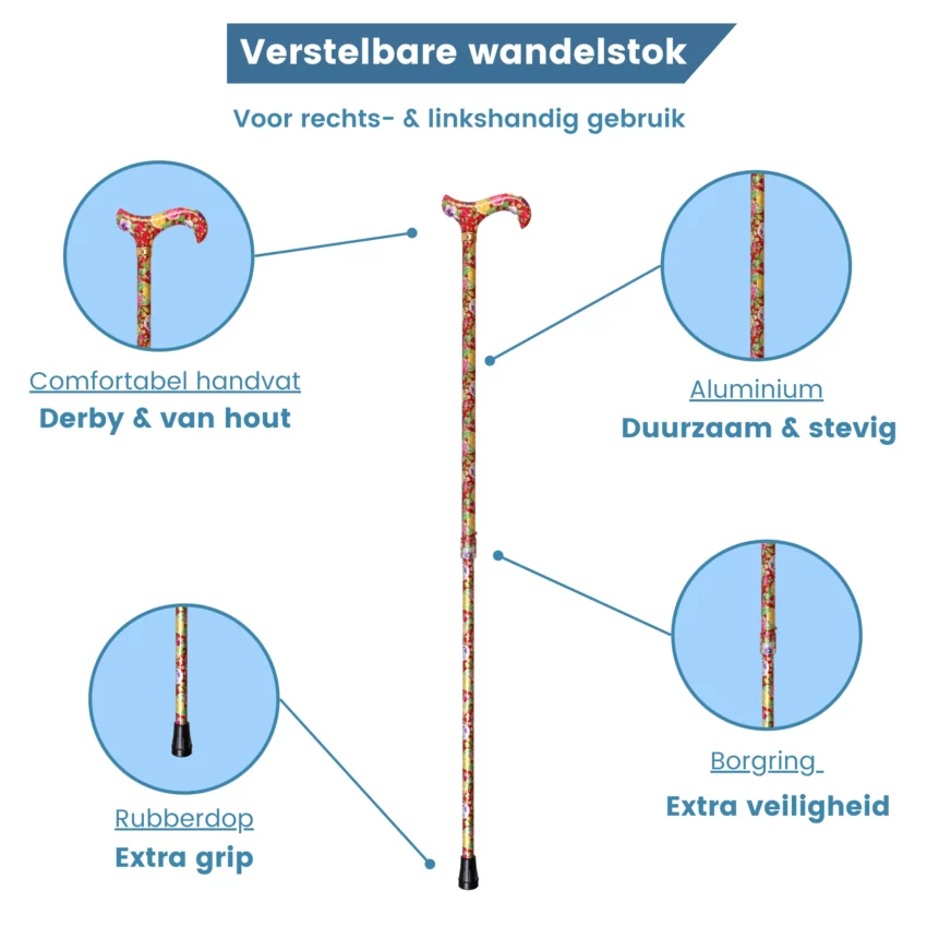 wandelstok verstelbaar usp rode bloemen