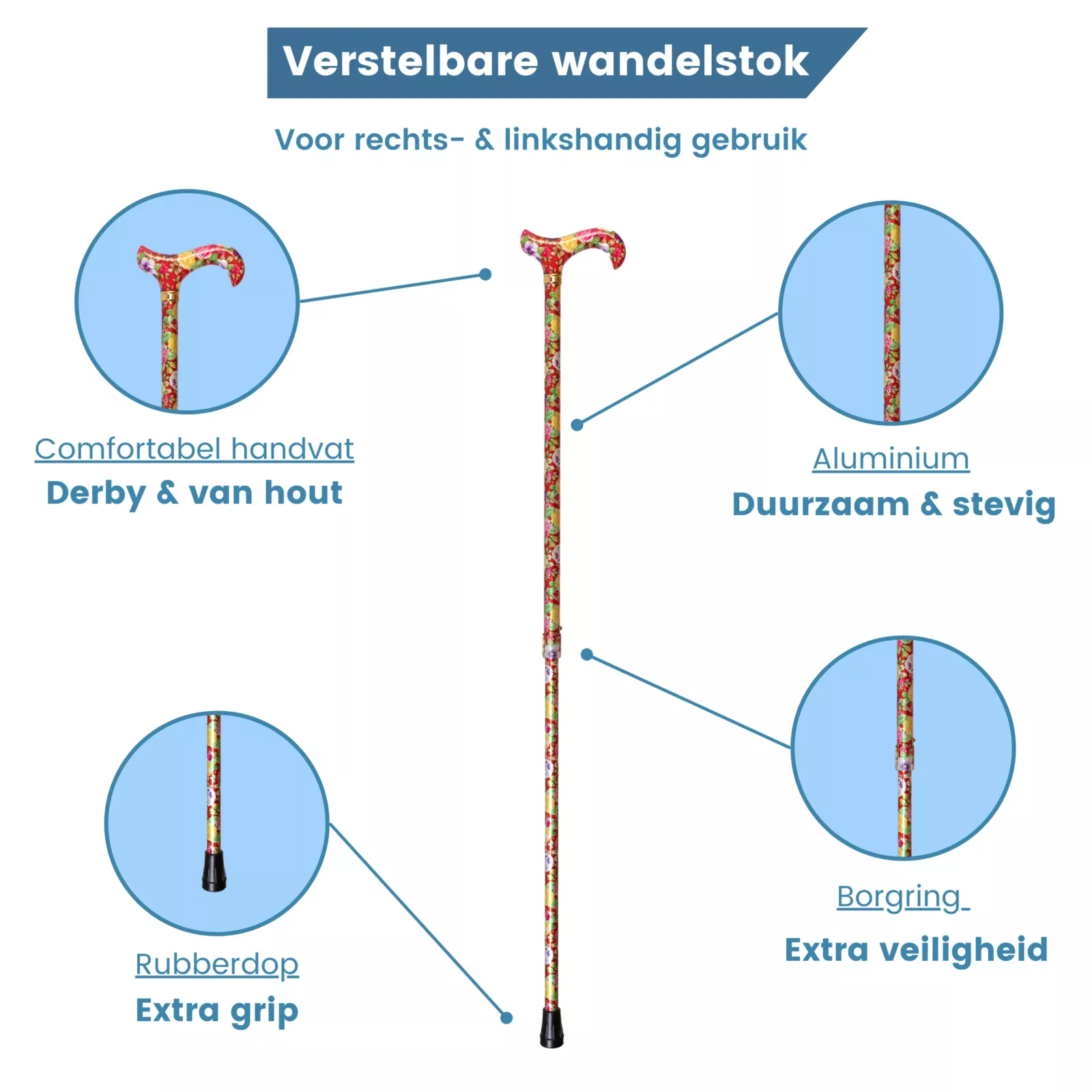 wandelstok verstelbaar usp rode bloemen